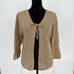 Judith Hart Vtg Gold Metallic Front Tie Bow Vneck Cardigan 3/4 Sleeve Size Large